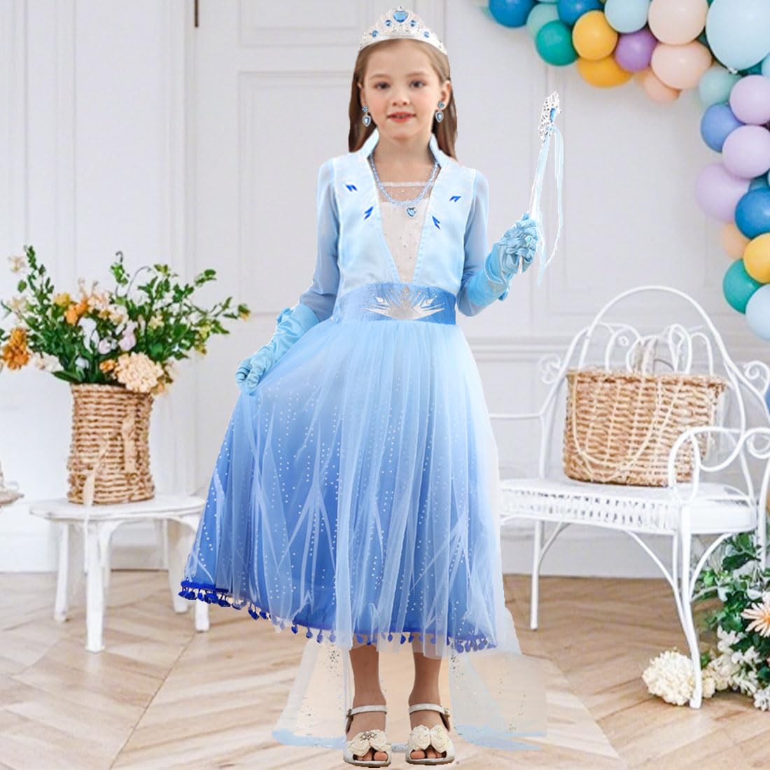 iTVTi Princess Costume for Little Girls Snow Princess Dress Blue Cosplay Outfit Halloween Carnival Party Christmas, 4-5T (Tag 120)