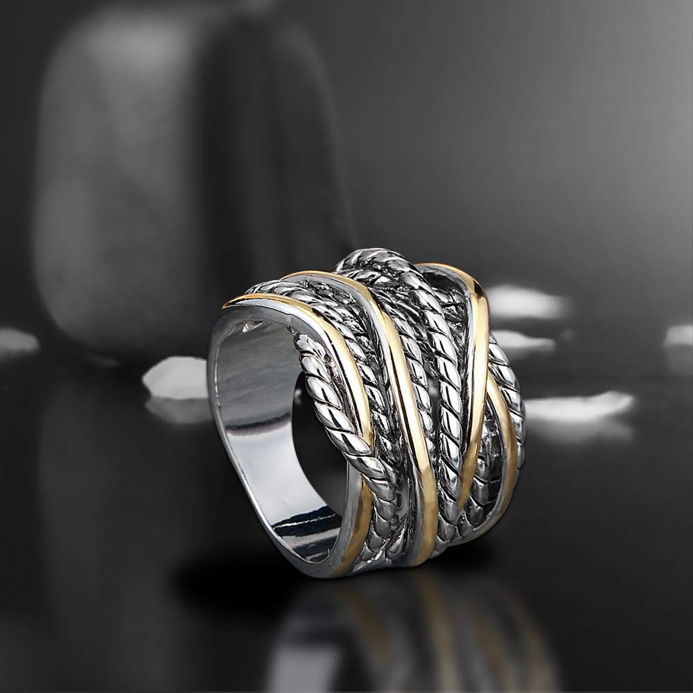 Mytys Gold and Silver Statement Rings for Women Wire Intertwined Design 14K Gold Plated Silver Band Ring Wide Index Finger Rings Costume Jewelry (Gold & Silver, 9)