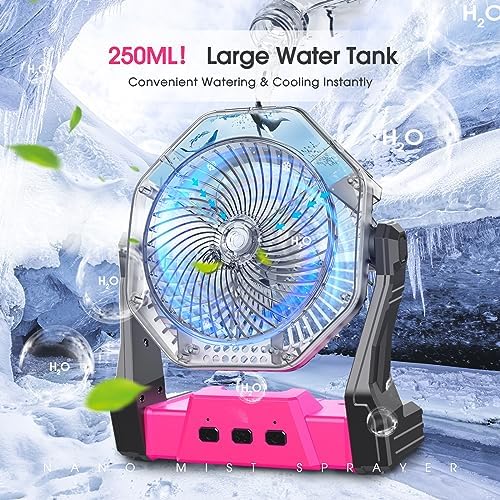 Ausic Portable Misting Fans for Outside, Outdoor Camping Fan with Water Spray 250ml, 8 Inch Batery Operated Rechargeable Fan, Cooling Fans with LED for Patios, Beach, Tents, Travel Summer Essential