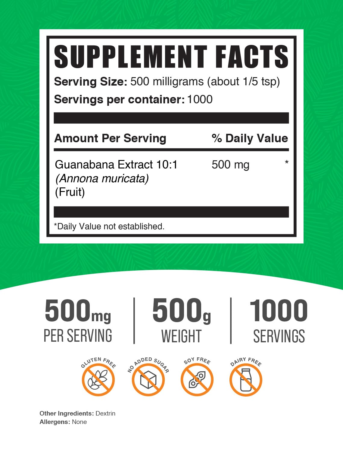 BulkSupplements.com Soursop Fruit Extract Powder - Guanabana Extract, Herbal Supplement - Gluten Free, 500mg per Serving, 500g (1.1 lbs) (Pack of 1)