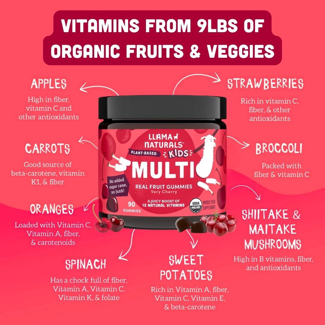Llama Naturals Kids Multivitamin Gummies, Vegan, Organic with Vitamin D, C & K, Toddler Real Fruit Gummy Vitamins, Chewable Supplement, Whole Food Multivitamin, No Added Sugar Cane, Cherry, 2 Pk