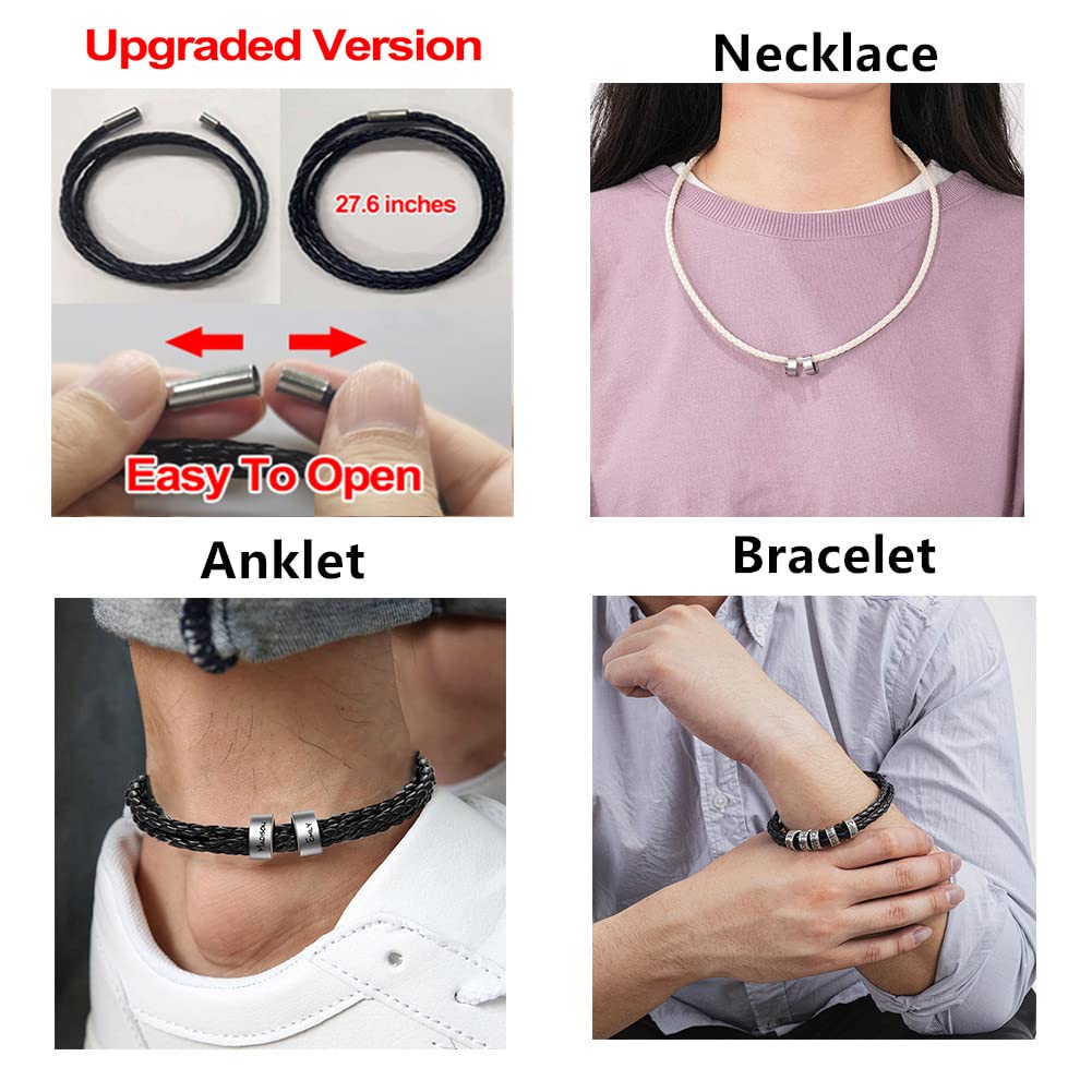 Novgarden Custom Mens Bracelets with 1-8 Engraved Beads, Dad Gifts for Fathers Day, Leather Braid Bracelet with Kids Names Personalized Men's ID Bracelet Gifts for Grandpa Husband Boyfriend
