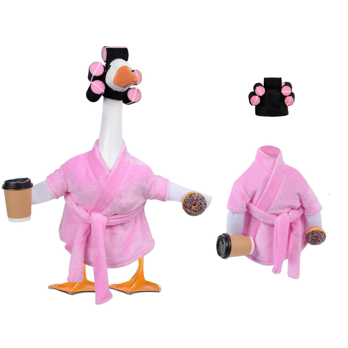 yuboo 23 Inch Pink Lady Porch Goose Outfits, Bathrobe Porch Goose Statue Costume with Cute Curlers and Coffee Cup, Funny Summer Lawn Yard Garden Patio Decor, Cute Goose Clothes Cement