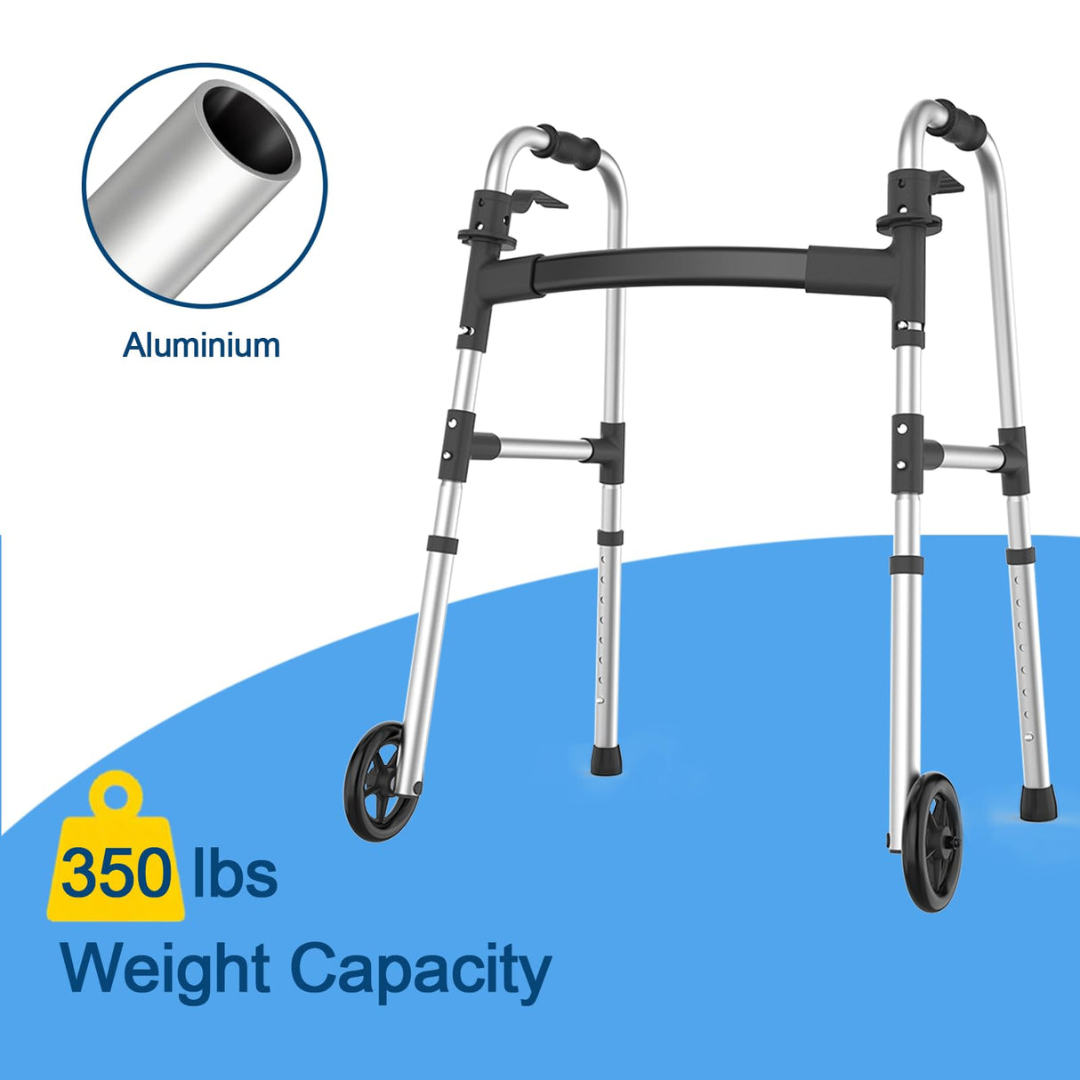 Loyoda Walkers for Seniors, FSA/HSA Eligible Folding Walker with Ski Glides 5'' Front Wheel Medical Lightweight Walker Height Adjustable Aluminum Standard Walker for Handicap and Adults (Silver)