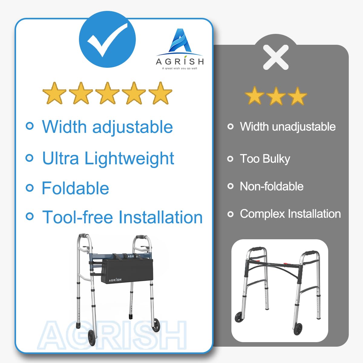 Agrish Narrow Walkers with Storage Bag - FSA/HSA Eligible Width Height Adjustable Walker, Lightweight Folding Walkers for Seniors Handicapped & Disabled, Up to 350 lbs
