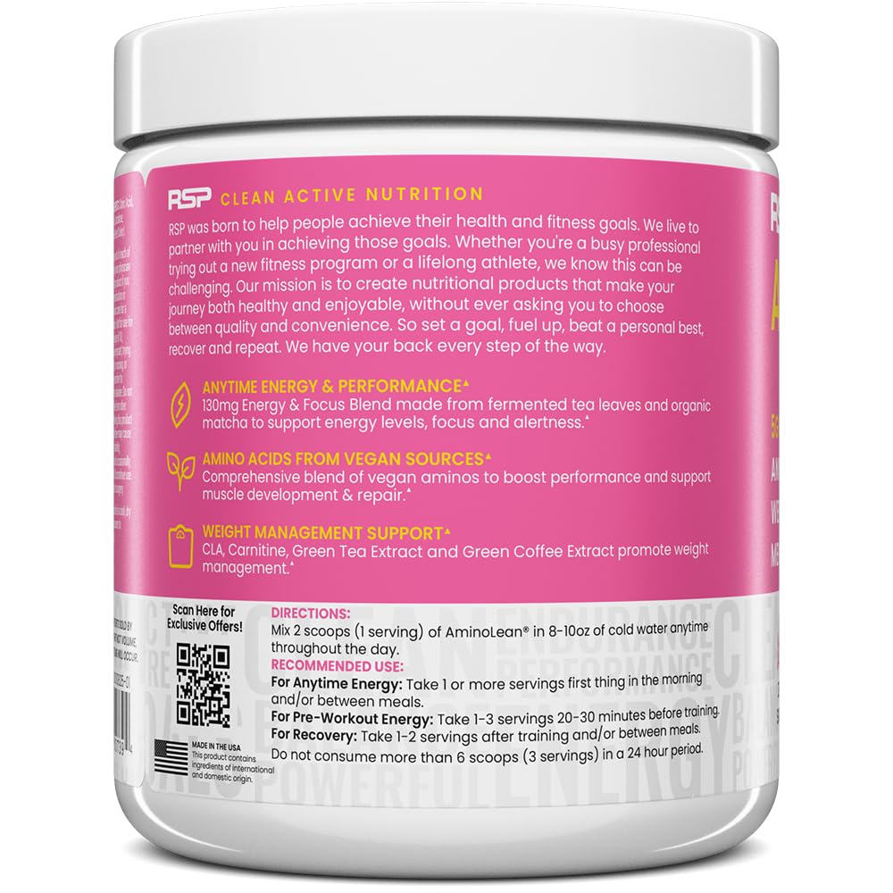 RSP NUTRITION AminoLean Pre Workout Powder, Amino Energy & Weight Management with Vegan BCAA Amino Acids, Natural Caffeine, Preworkout Boost for Men & Women, 30 Serv, Pink Lemonade…