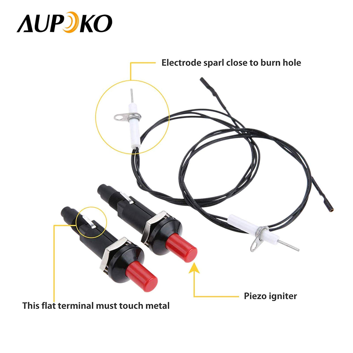 Aupoko 2 Sets Piezo Spark Ignition with Cable Push Button Igniter, Type of 1 Out 2 Electrode 200 Degree Resistance Wire, Fit for Gas Fireplace Gas Oven Gas Heater lgniter Ceramic Kitchen Lighter