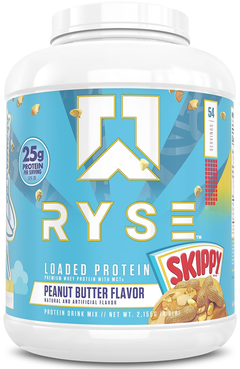 RYSE Loaded Protein Powder - Skippy Peanut Butter - 25g Whey Protein Isolate & Concentrate with Prebiotic Fiber & MCTs - Low Carb, Low Sugar, Digestive-Friendly - 54 Servings / 4 lb Tub