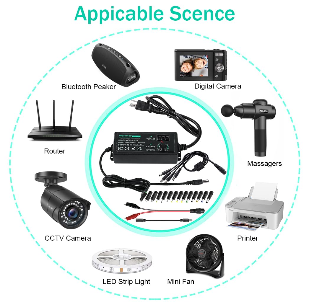 Universal Power Supply 3V~24V 3A 72W Adjustable Variable 3V 5V 9V 12V 18V 20V 24V AC/DC Adapter Charger, 100V-240V AC to DC Converter with 14 Tips, Polarity Converter and 4-Way Power Splitter Cable