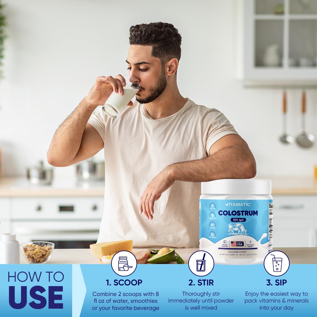 Vitamatic Bovine Colostrum Powder - 50% Highest IgG - Supplement for Gut Health, Hair Growth, Beauty, Muscle Recovery, & Immune Support - Easy to Mix - Unflavored - 60 Servings