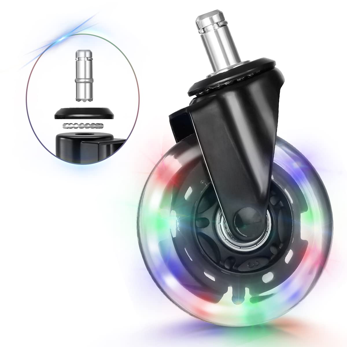 Hivexagon Office Chair Caster with RGB Color Changing Lights Set of 5 Rubber Replacement, Heavy Duty Universal Quiet Rolling Casters Fit Standard Office Chair for Hardwood Floors, Tiles and Carpet
