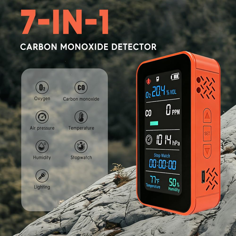 GZAIR 7-in-1 Portable Multi-Gas & Environmental Detector, O2/CO Monitor with Air Pressure, Temperature & Humidity Sensors, 3000mAh Rechargeable Device with SD Data Logging, Flashlight & Stopwatch
