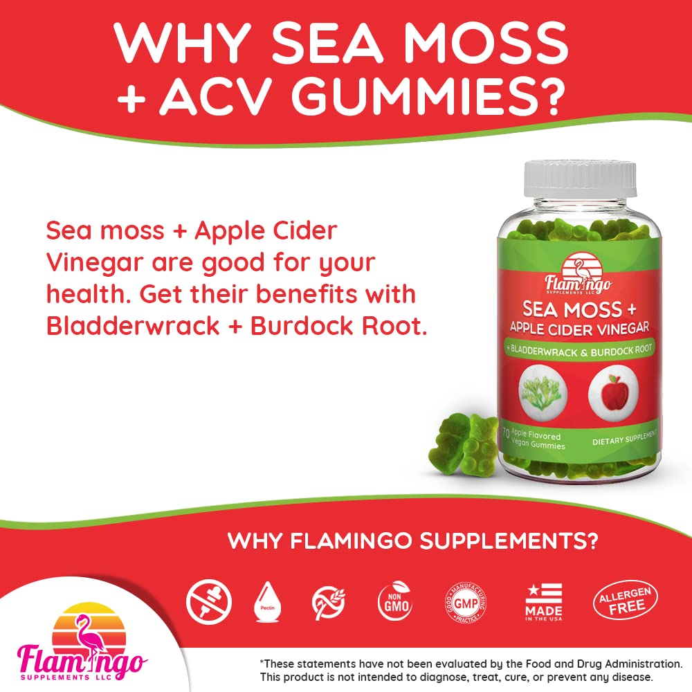 Sea Moss Gummies with Apple Cider Vinegar, Bladderwrack, and Burdock Root Organic- Sea Moss Gummies for Adults and Kids- Vegan, Organic, Irish Seamoss and ACV – 70 Ct