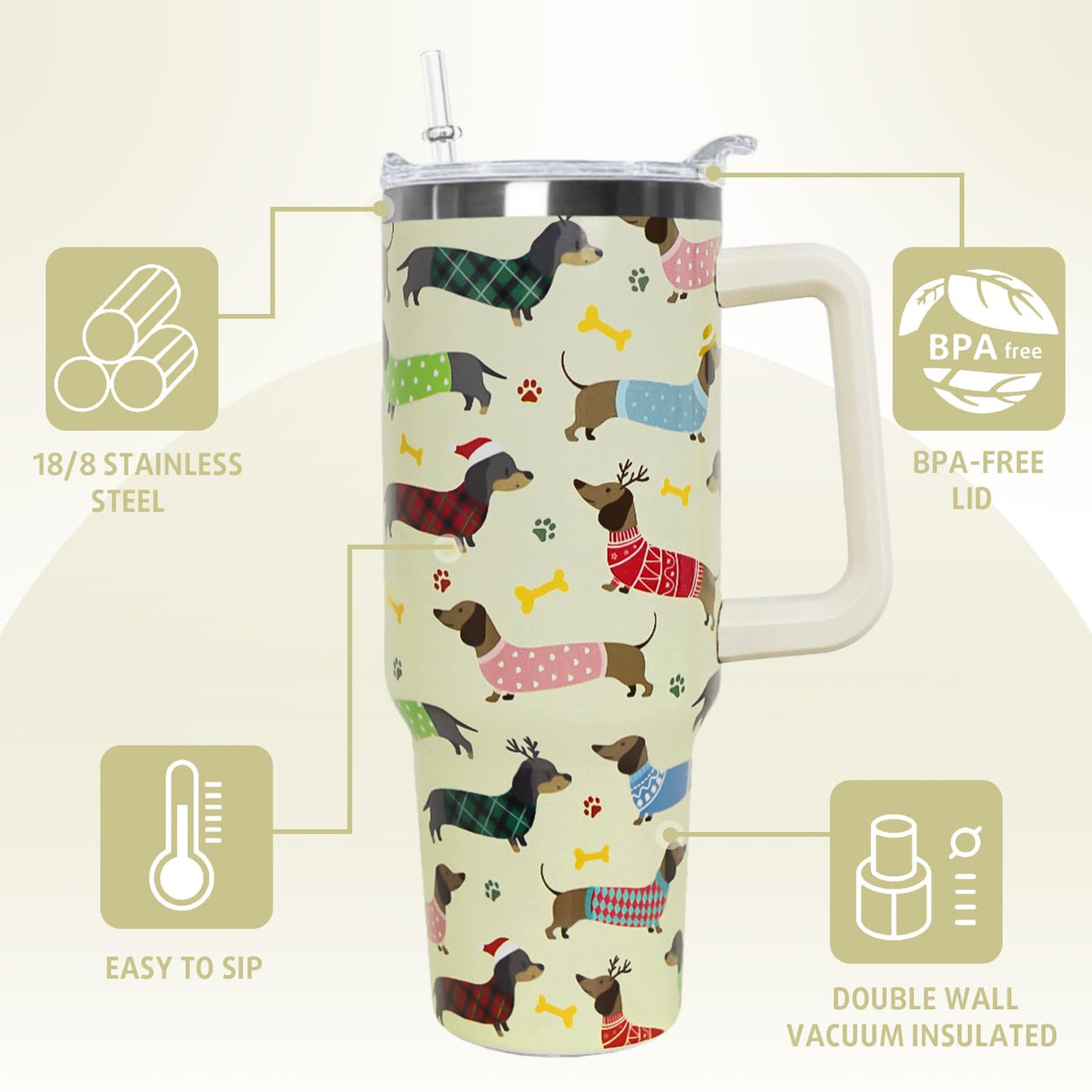 Nqhsionv Dachshund Tumbler with Handle and Straw 40 oz Christmas Cup Weiner Dog Coffee Travel Mug Stainless Steel Insulated Water Bottle Xmas Christmas Decor Gifts for Women