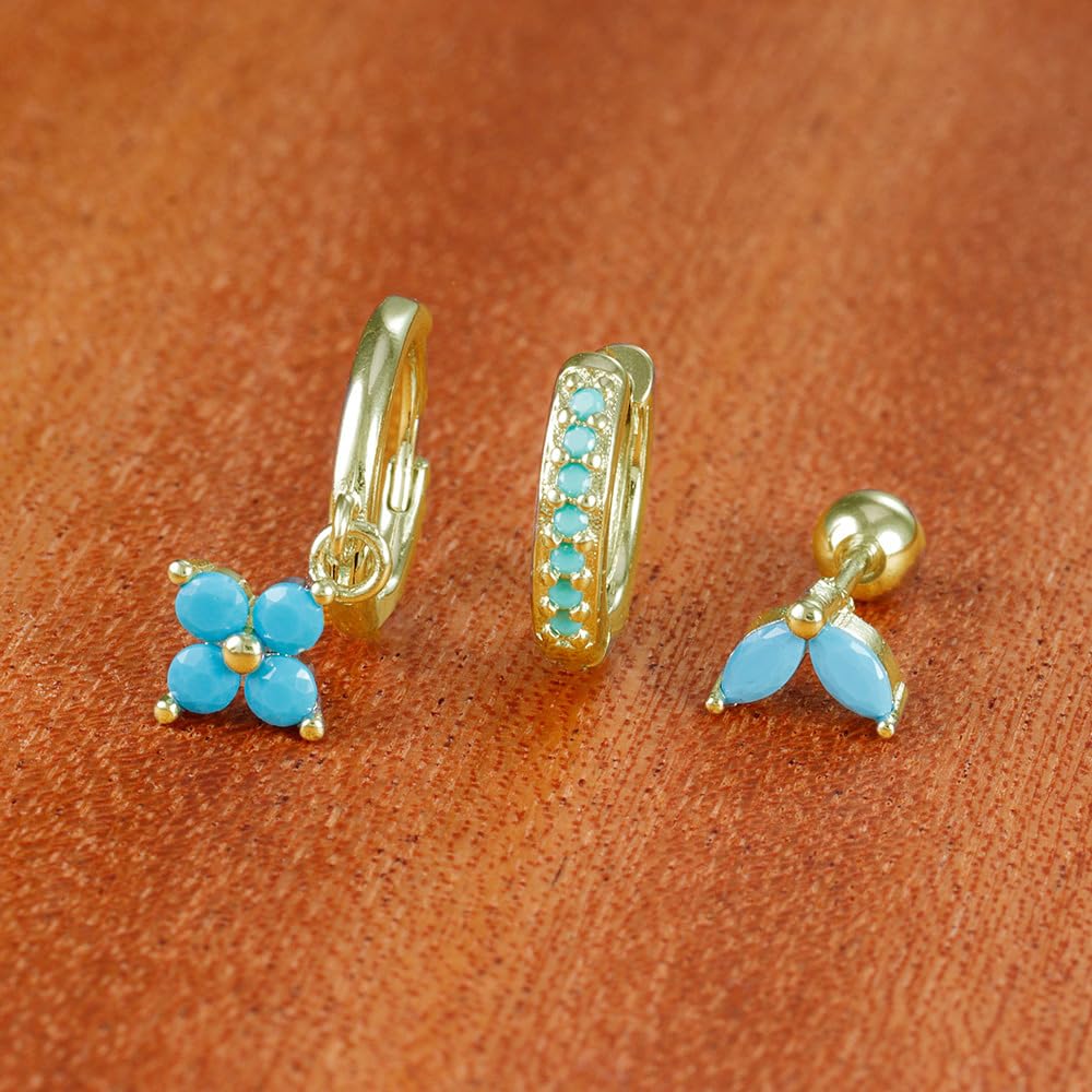 Small Gold Huggie Hoop Earrings Set for Women Turquoise Earrings 14K Gold Plated Cartilage Multiple Piercing Jewelry Hypoallergenic Sleeper (A- Turquoise Earrings Set)