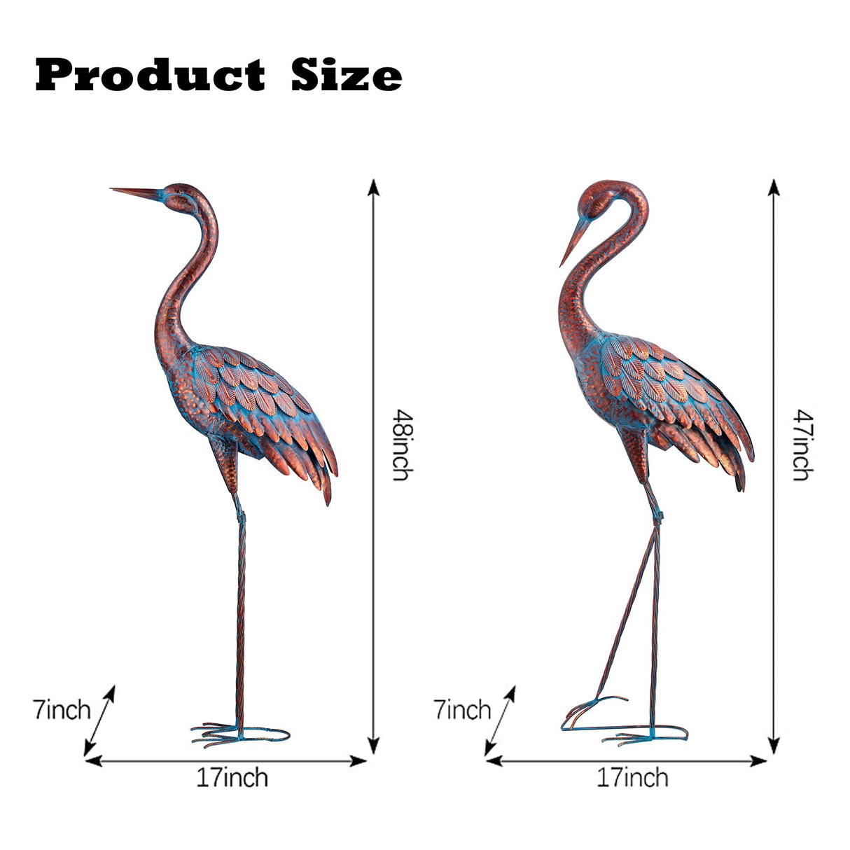 Kircust Garden Crane Statues Patina Heron Decoy, Standing Metal Crane Sculptures Bird Yard Art for Outdoor Decor, 47-48 Inch, Set of 2