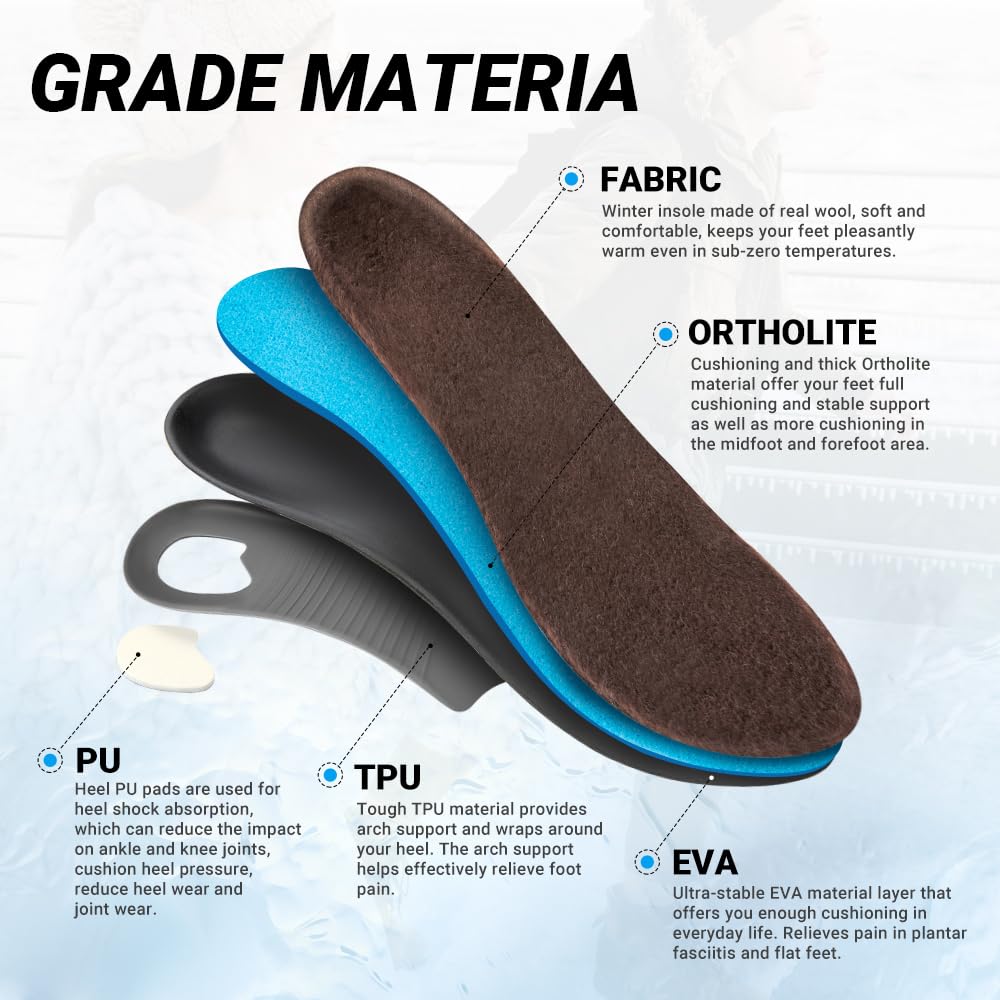 VALSOLE Winter Thermal Wool Insoles,Heavy Duty Support Pain Relief Orthotics Plantar Fasciitis High Arch Support Insoles,for Men Women Work Boot Shoe Insole Warm Insoles (Brown)