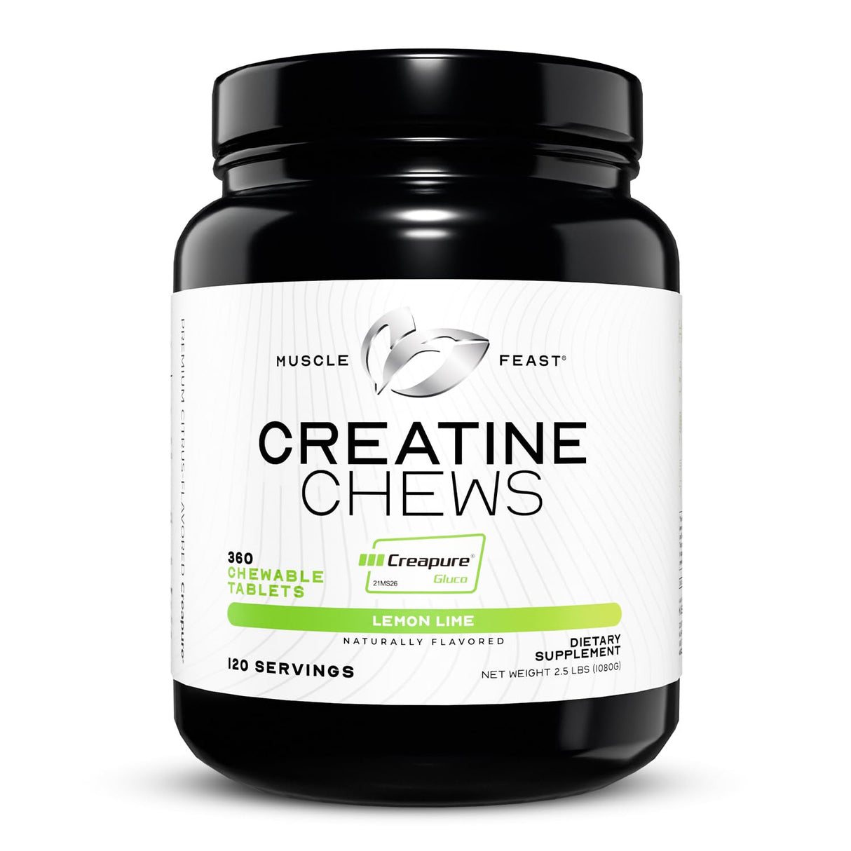 Muscle Feast Vegan Creatine Monohydrate, Gluten-Free Creapure Chews, Lemon Lime, 360 Tabs