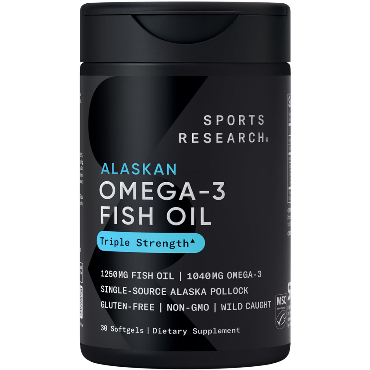 Sports Research Triple Strength Omega 3 Fish Oil Supplement - EPA & DHA Fatty Acids from Wild Alaskan Pollock - Heart, Brain & Immune Support for Adults, Men & Women - 1250 mg Capsules (30 ct)