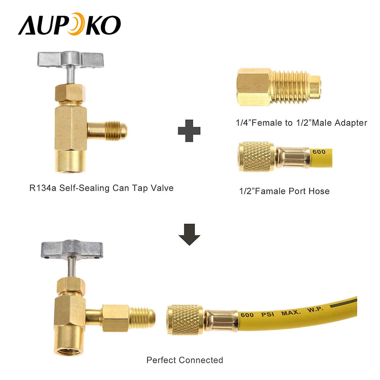 Aupoko R134A Self-Sealing Can Tap with R134A Tank Adapter and Valve Core Remover, 1/4’’ SAE Valve Refrigerant Dispenser with 1/4’’ Female and 1/2’’ Male Adapter, for Air Conditioner Manifold