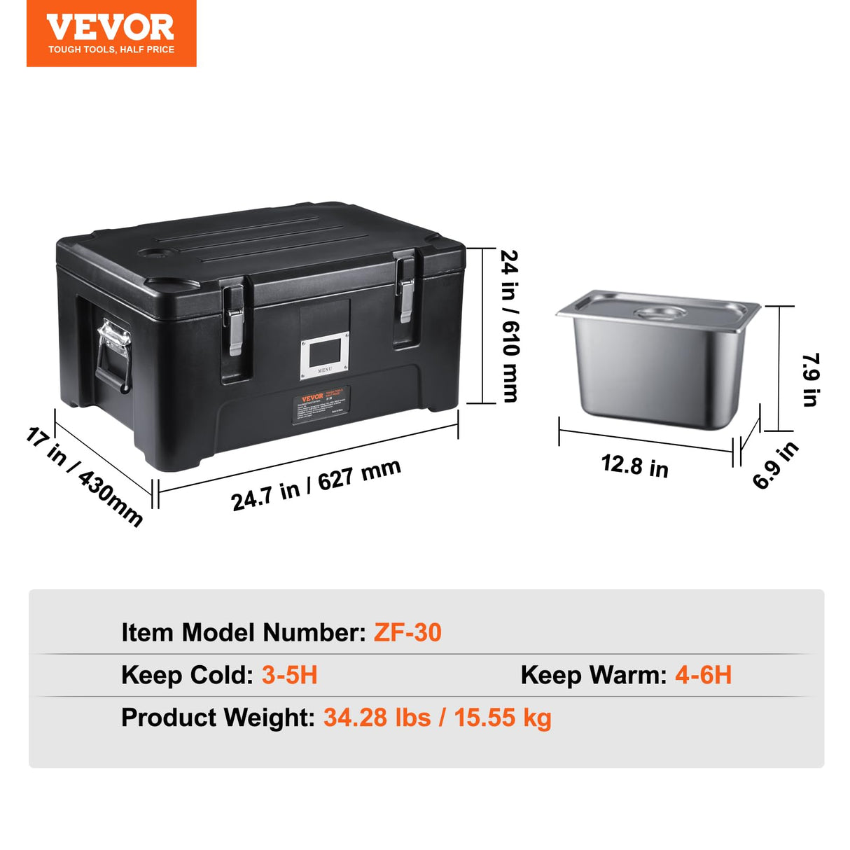 VEVOR Insulated Food Pan Carrier, 36Qt Capacity, Stackable Hot Box for catering w/ 3 Stainless Steel Pans, Top Load LLDPE Food Warmer w/Elastic Side Handles and Buckles, for Restaurant Canteen, Black