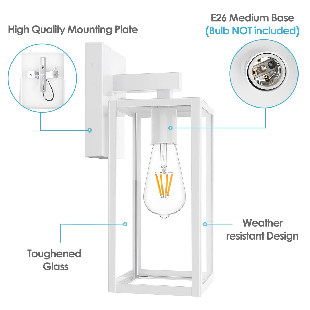 MAXvolador Outdoor Wall Sconce, Exterior Waterproof Lantern Light Fixtures, White Porch Light Toughened Glass, Anti-Rust E26 Patio Lighting, 2 Pack