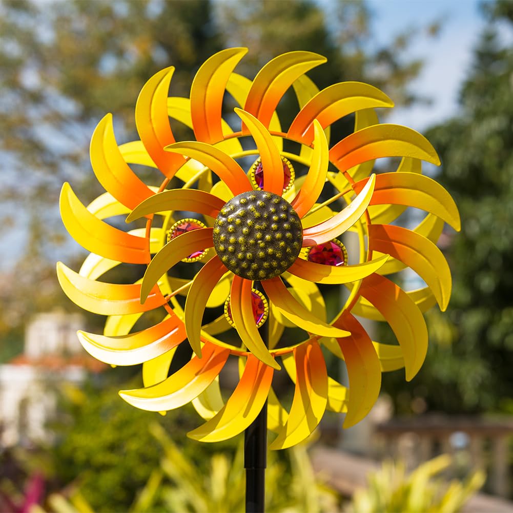 VEWOSTAR Metal Sunflower Wind Spinner Outdoor,13Inch Large Double Windmill Pinwheels with Stake,Kinetic Wind Sculpture Outdoor for Yard, Garden, Lawn Decorations