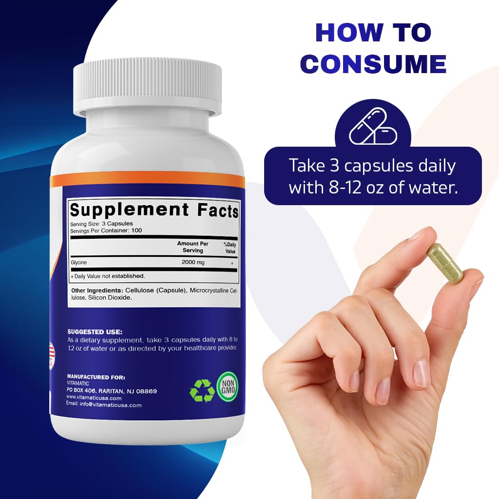 Vitamatic Glycine Supplement, 2000mg Per Serving, 300 Count, Non-GMO, Gluten Free