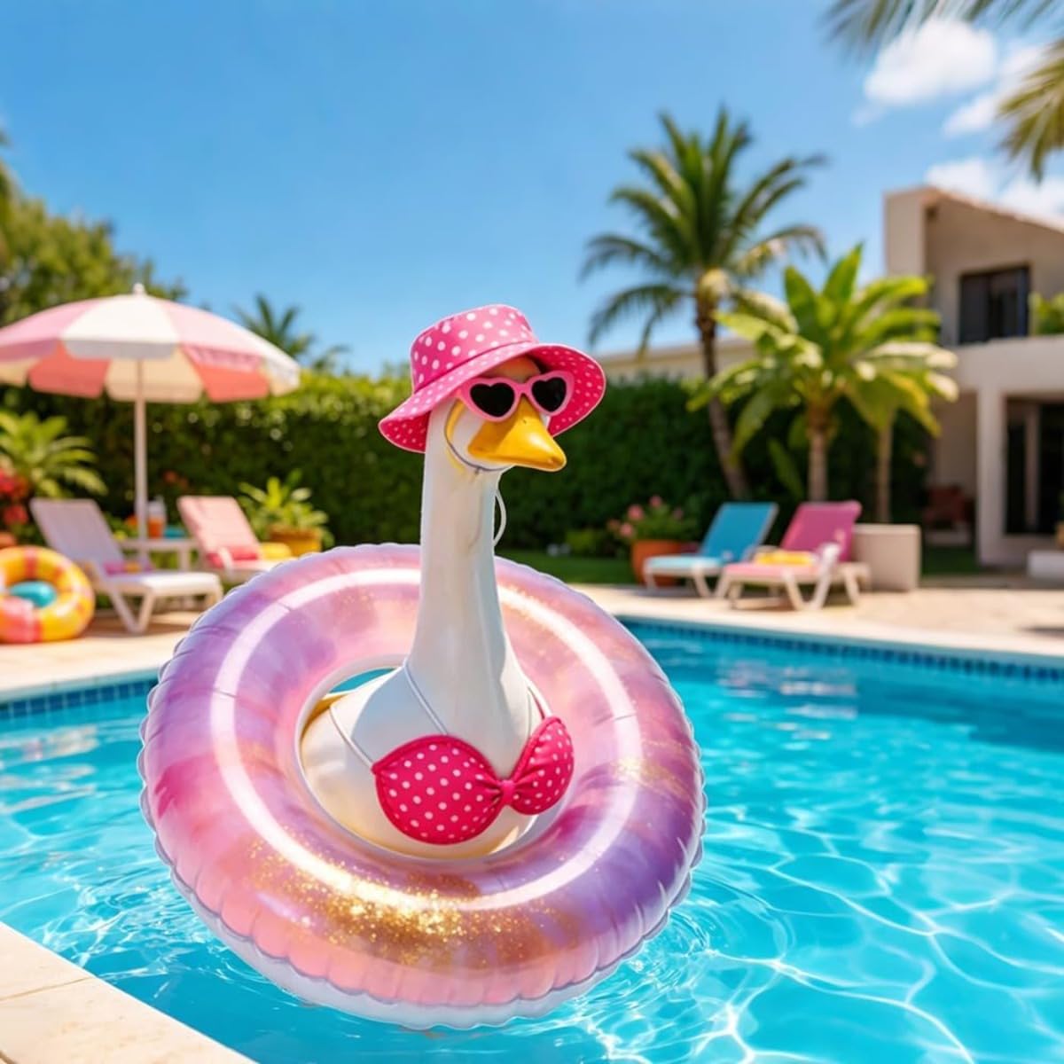Shilkare Bikini Porch Goose Outfits,Porch Goose Summer Outfits Swimsuit with Hat Sunglasses & Swim Ring,Fit 23'' Lawn Goose Statue for Summer Outdoor Garden Lawn Yard Decor (Swimsuit-Pink)