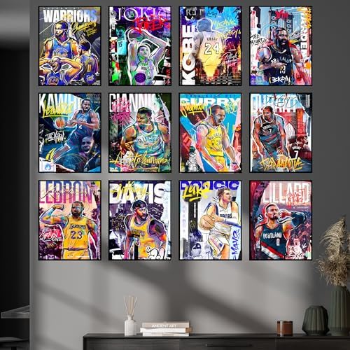 BigWig Prints Basketball Posters - Nba Posters, Basketball Room Decor, Nba Room Decor, Steph Curry, Kobe Bryant Wall Art, Kevin Durant, Lebron Wall Art, Warriors, Lakers - Unframed Set of 12 (8x10)