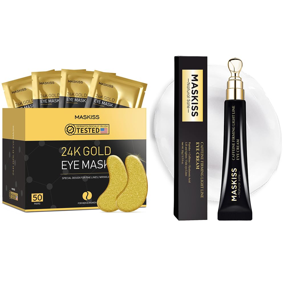 24k Gold Eye Patches (50 Pairs) & Eye Cream For Wrinkles, Eye Masks for Dark Circles and Puffiness, Peptides + Caffeine Anti Aging Cream Reduce Fine Lines and Puffiness