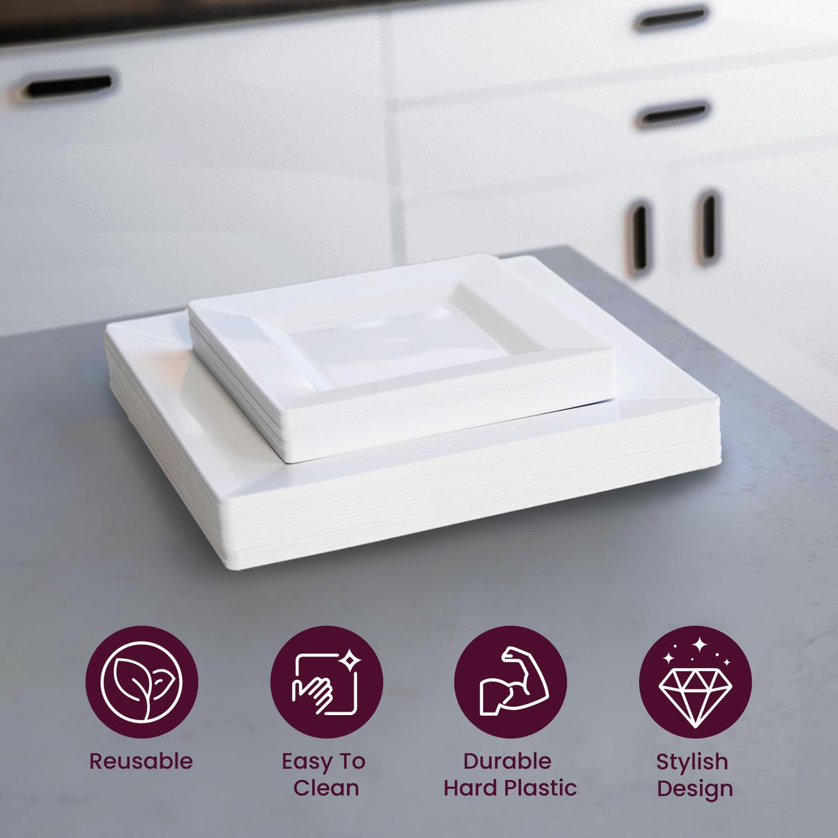 Aya's 60ct White Square Disposable Plates - Heavy Duty Plastic Party Plates for Christmas, Thanksgiving (30 Dinner & 30 Salad)