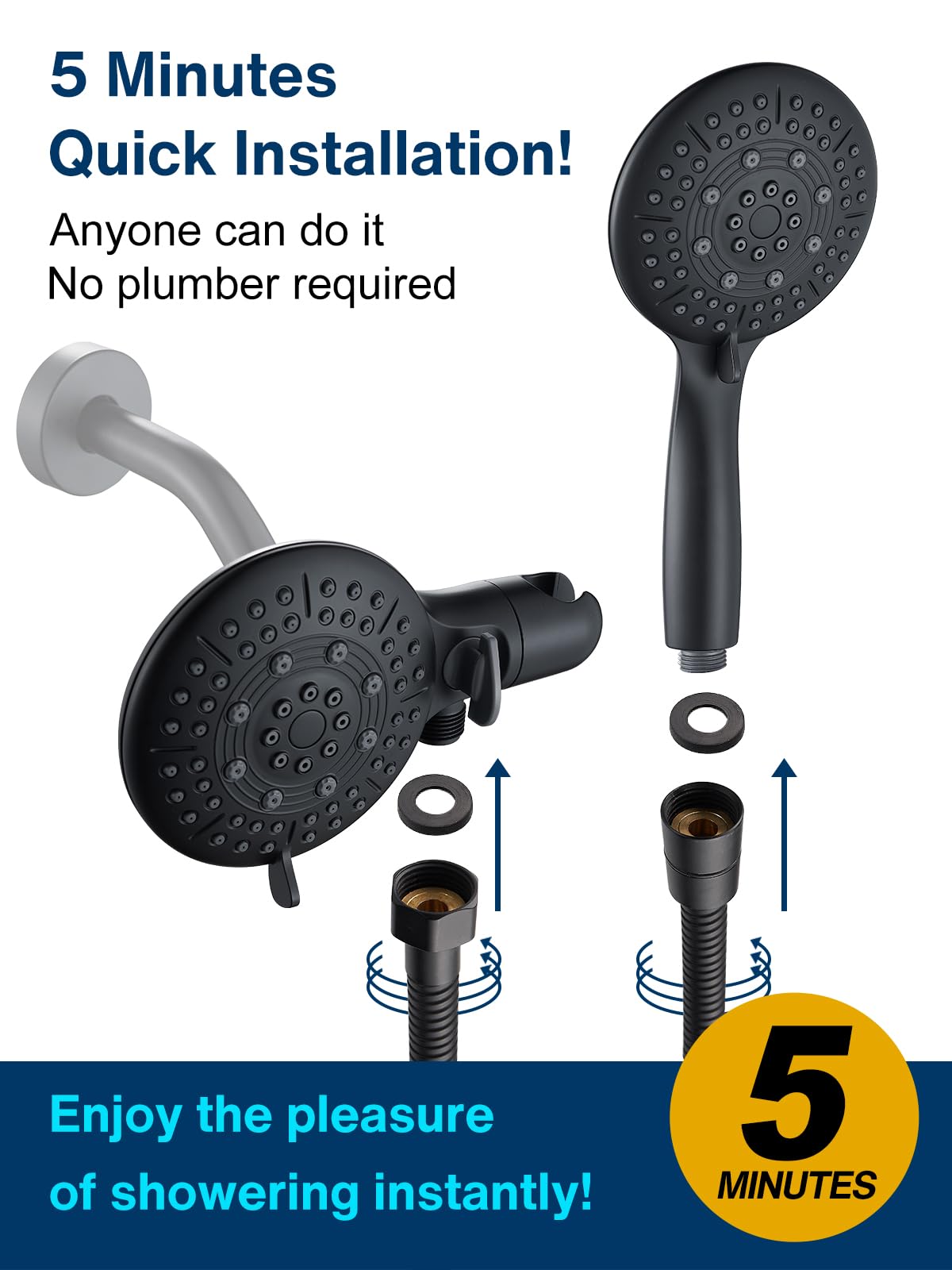 Cobbe 48-Setting 3-Way High Pressure Shower Head Combo with Handheld & Rain Shower - Black