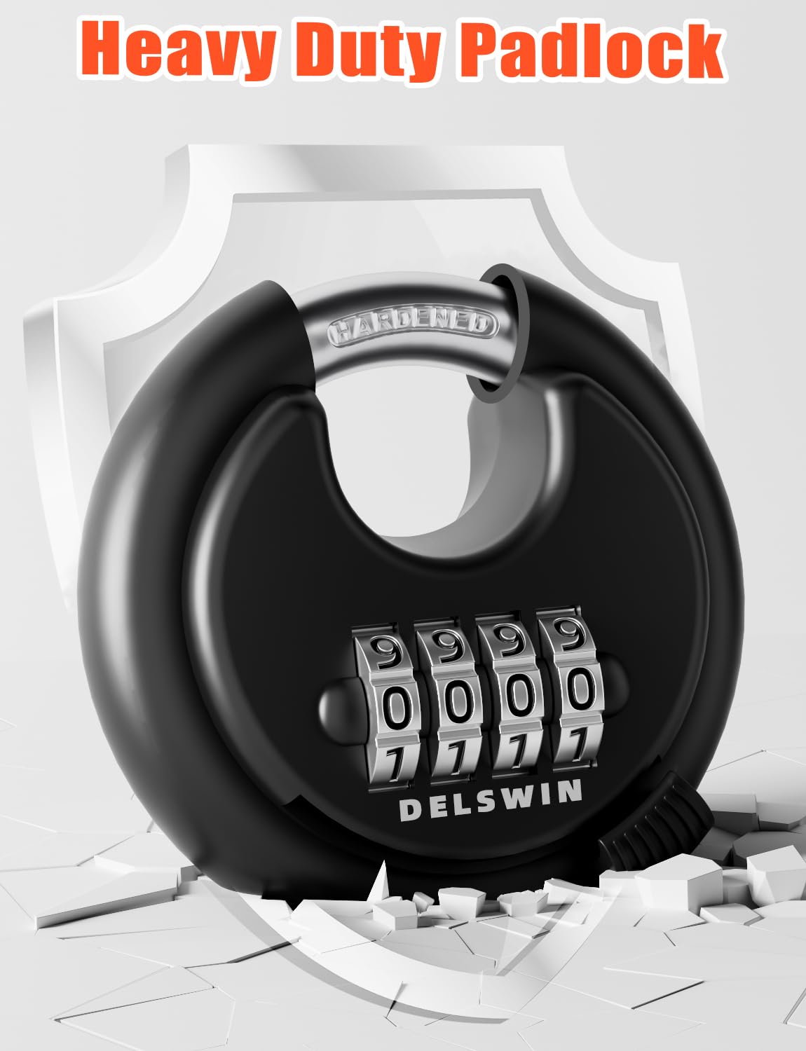 DELSWIN 4-Digit Disc Combination Lock Outdoor - Heavy Duty Combination Padlocks with Hardened Steel Shackle Weatherproof Combo Locks for Gates,Sheds,Fence,Storage Unit (3/8" Shackle, Black and Silver)
