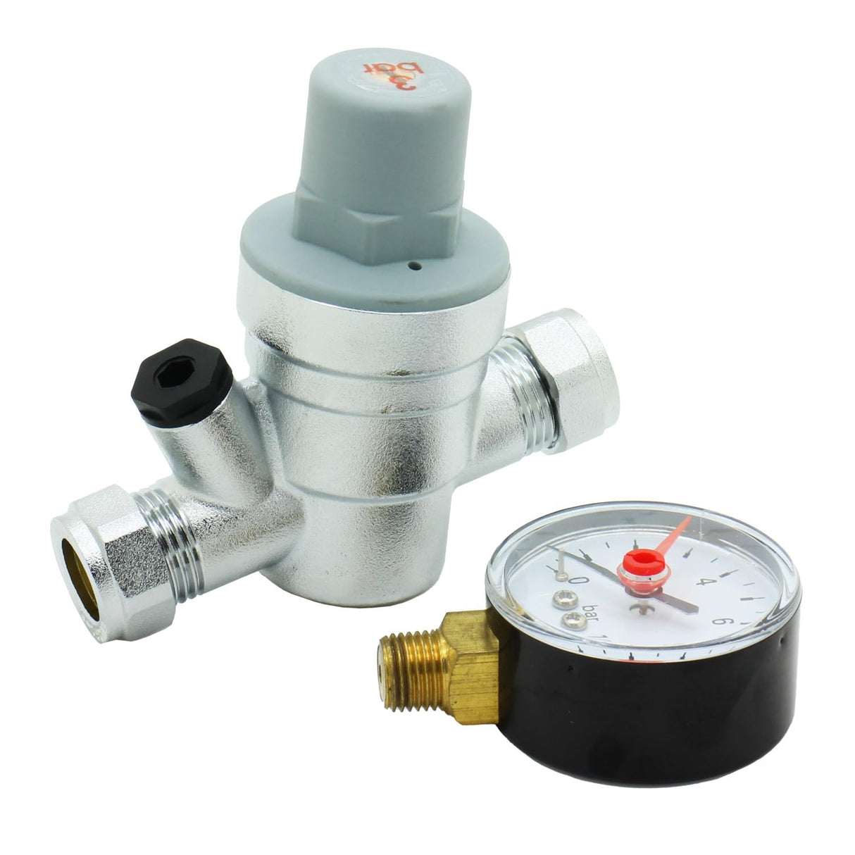 Unvented Components Europe Pressure Reducing Valve with Gauge, Model UN-42-3, 15mm, Adjustable 1-6 Bar, Chrome/Black