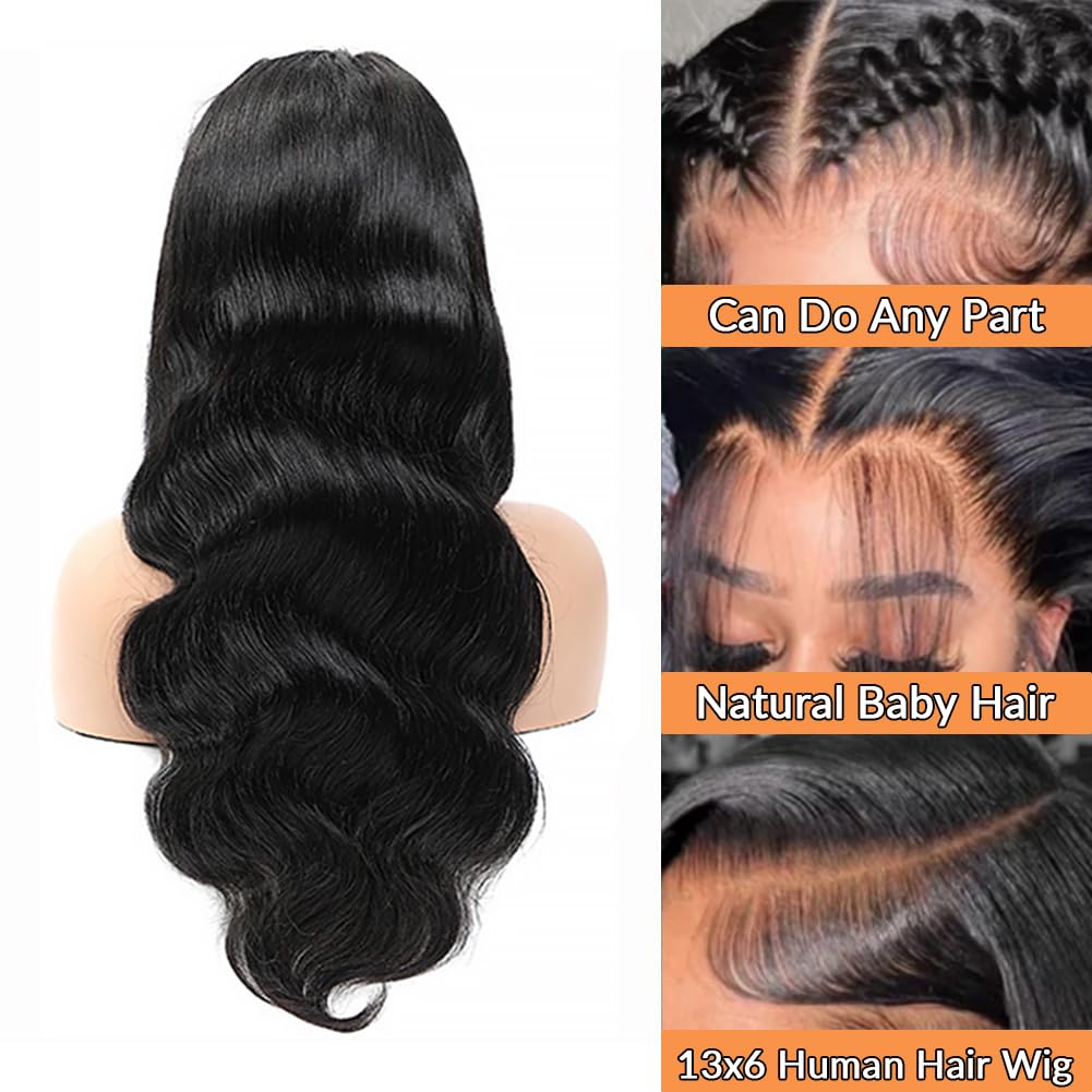 Aoque 30 Inch Body Wave Lace Front Wigs Human Hair 13x6 Hd Lace Front Wigs Human Hair Pre Plucked 200 Density Natural Color Brazilian Virgin Hair Glueless Frontal Wigs for Women