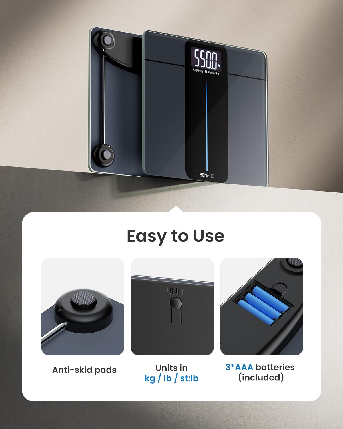 RENPHO 550lb Scale for Body Weight, Digital Bathroom Scale with Large LED Display, Big Platform Weighing Machine with Extra-High Capacity, Most Accurate to 0.05lb, 13x11.8in, Core 1L