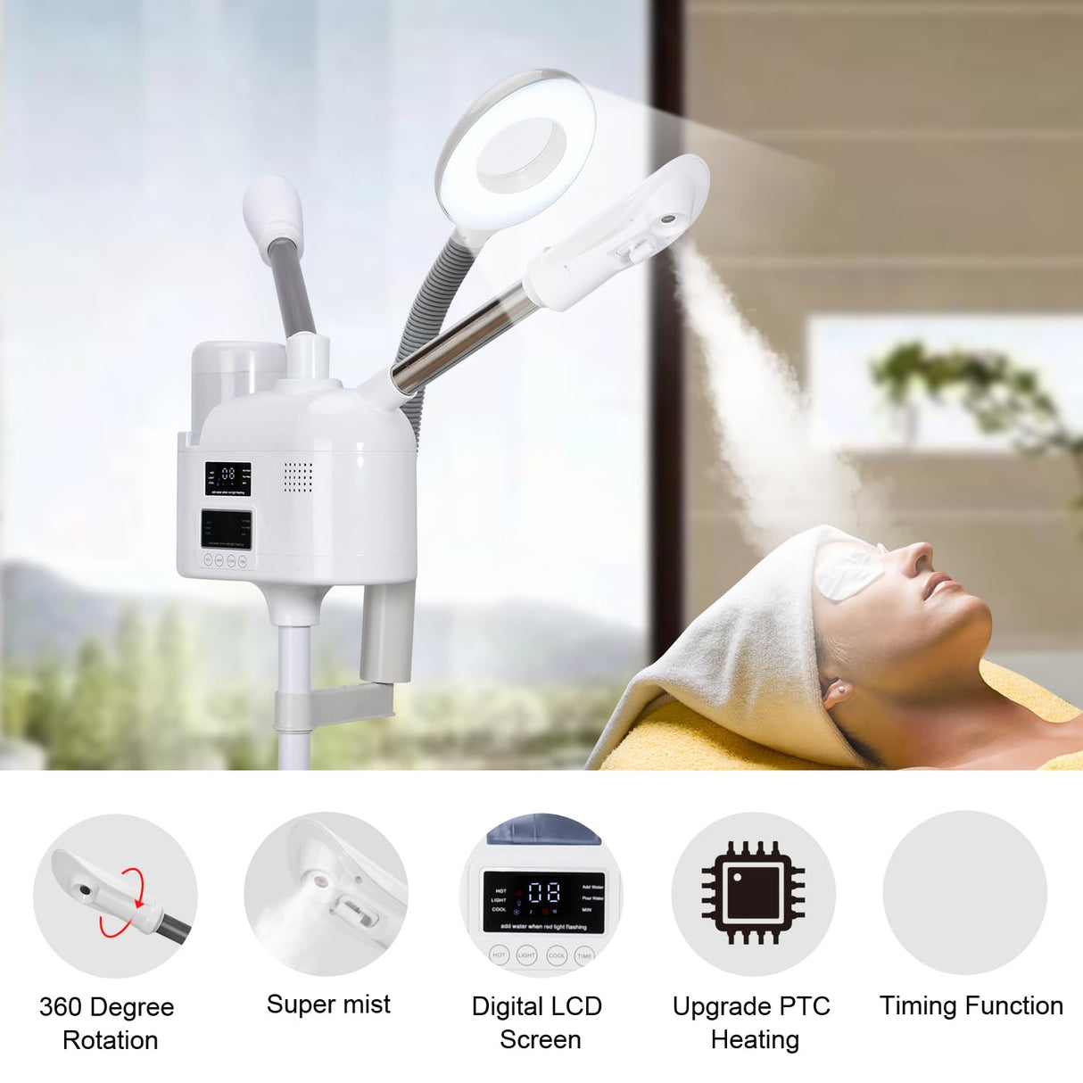 Facial Steamers Professional 3 in 1 Facial Steamer with 5X Magnifying Lamp, Upgrade PTC Heating, Hot/Cool Mist Steamer for Home Salon Spa Beauty