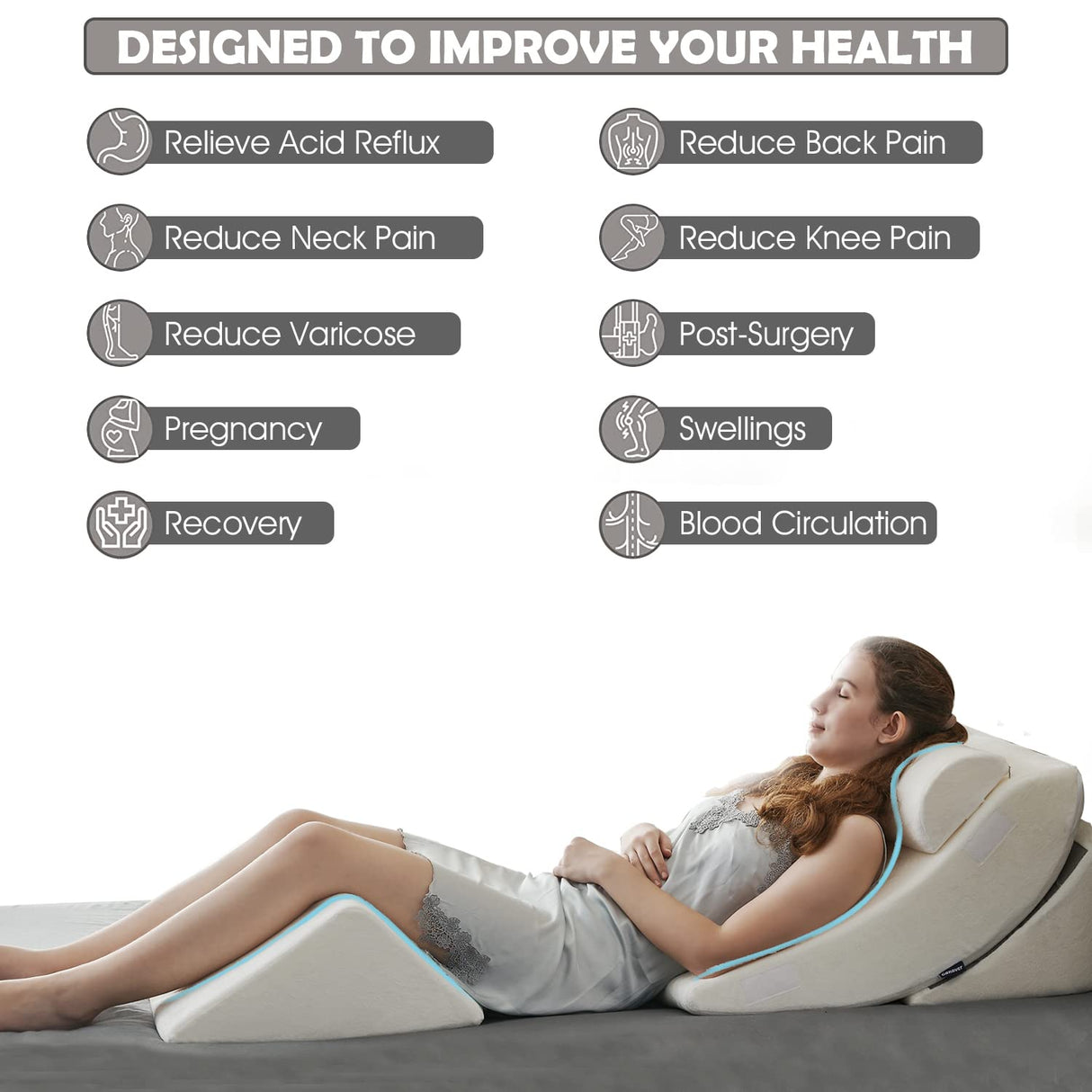 Ganaver 4pcs Orthopedic Bed Wedge Pillow Set Post Surgery Relaxing Back Adjustable Head Support Cushion Triangle Memory Foam Pillow for Acid Reflux Sleeping Reading Leg Elevation Snoring White