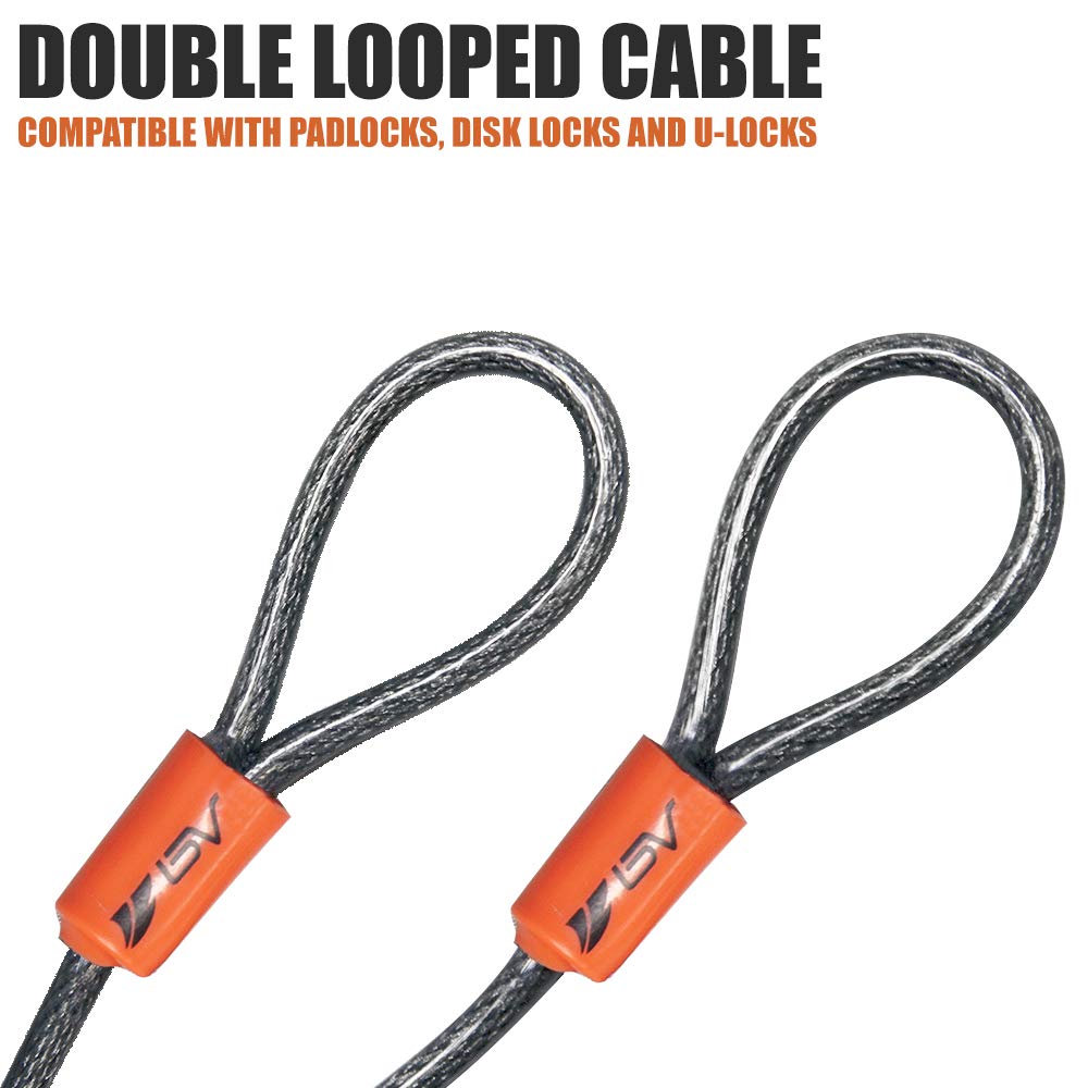 BV 2.5FT Bike Cable with Loops-5mm (3/16 Inch) Cut-Resistant Braided Steel Cable-Versatile & Weatherproof-Small Security Cable Lock, Security Chain for Padlock, Chain Lock, Wire Lock (Pair)