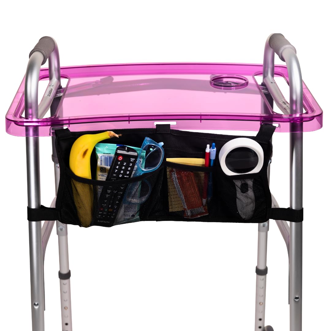 StrongArm Clear View Walker Tray + Bag + Non-Slip Mat & Cup Holder, Tray for Folding Walkers, Food Tray, Walker Accessories, Tray Table for Standard Adult Walkers (Purple)