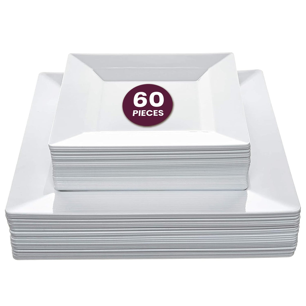 Aya's 60ct White Square Disposable Plates - Heavy Duty Plastic Party Plates for Christmas, Thanksgiving (30 Dinner & 30 Salad)
