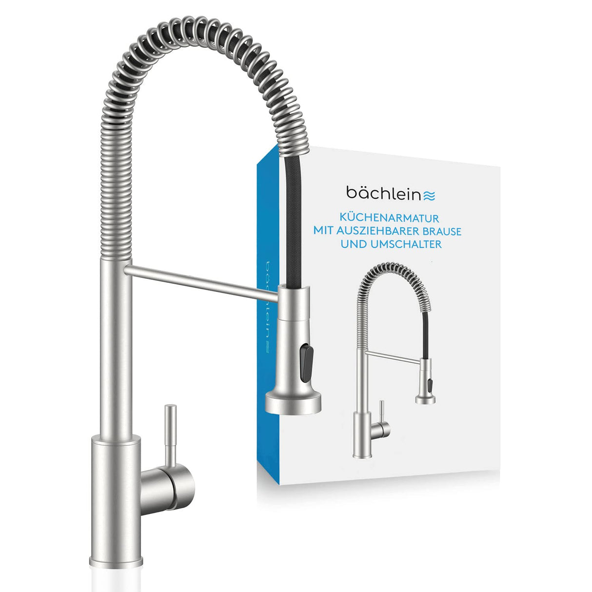 Bächlein Nedo Kitchen Faucet - 360° Rotatable (Brushed Stainless Steel) - Single Lever Mixer Tap Made of Stainless Steel with Flexible Neck and Shower with Switch Knob, Tap for Kitchen