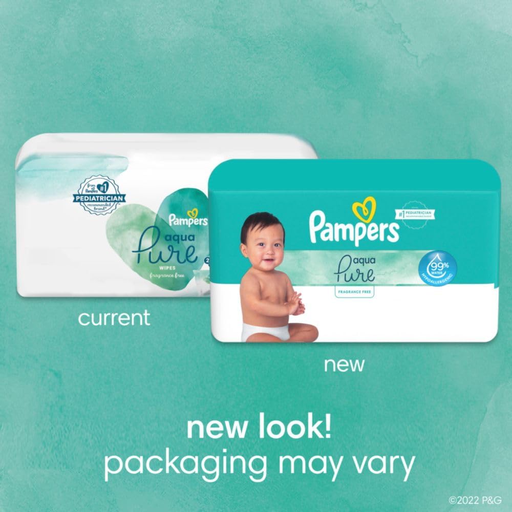 Pampers Baby Wipes Aqua Pure, 99% water-based wipes, Hypoallergenic and Unscented Infant Wipe, 448 Total (8 Flip-Top Packs)