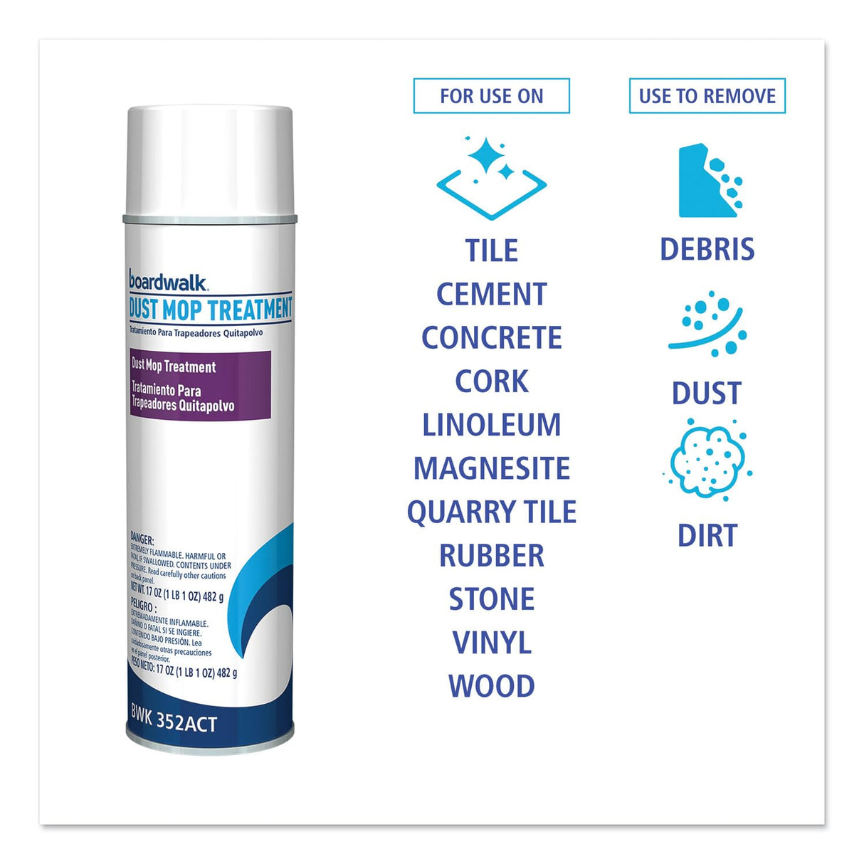 Boardwalk Dust Mop Treatment, 17 oz Aerosol Spray, for Push Brooms, Will Not Damage Floors, Non Slippery, Multi Surface, Pine Scent