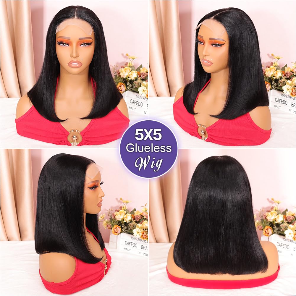 Ailwelia Wear and Go Glueless Wig Bob Wig Human Hair 200% Density 5x5 HD Lace Closure Wigs Human Hair Wigs For Black Women Glueless 5x5 Closure Wigs Human Hair Pre Plucked Bob 14 Inch