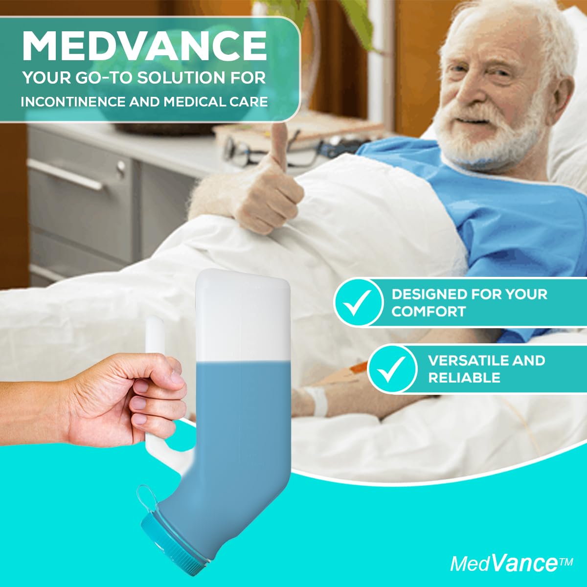 MedVance- Urinals for Men 1000ml with Glow in The Dark Spill Proof Pop Cap Lid, Plastic Pee Bottles for Men, Male Urinals, Pee Container Men, Portable Urinal for Car, Elderly & Incontinence (2 Pack)