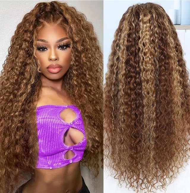 13x6 Highlight Ombre Lace Front Wigs Human Hair P4/27 Honey Blonde Lace Frontal Wigs Human Hair 180 Density Colored deep Curly HD Lace Front wigs Human Hair Wig Pre Plucked with Baby Hair 24 inch