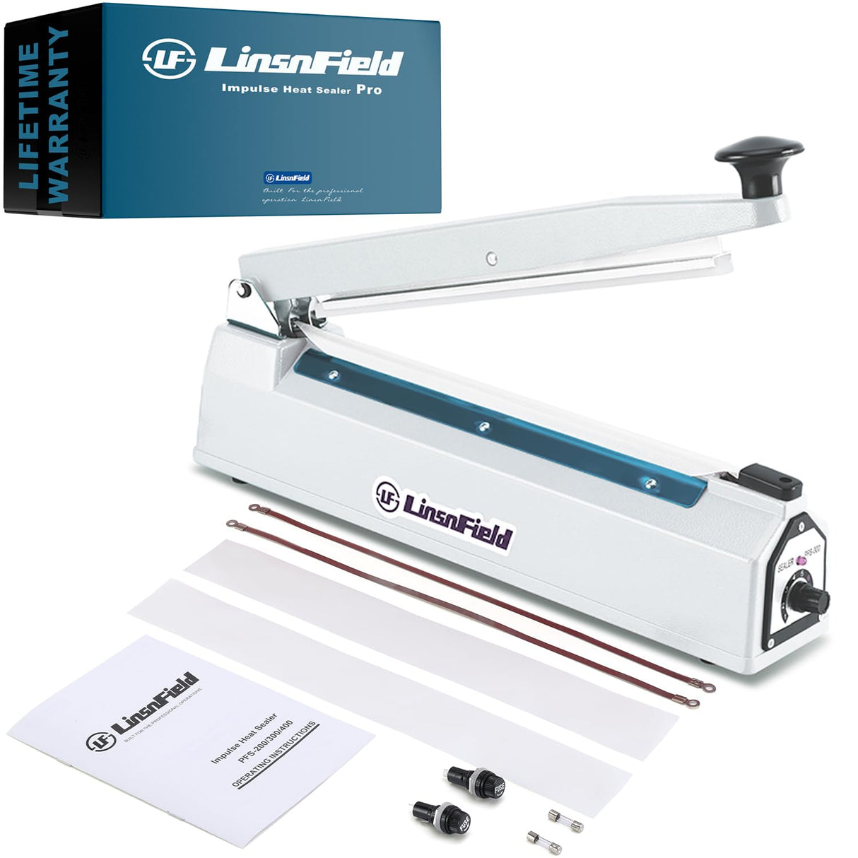LinsnField Sealer Pro, Patented 8-inch Impulse Heat Sealer, 2-mm Sealing Width Super Heavy Duty Bag Sealing Machine with Extra 2 Replacements, 1Fuse Included, White