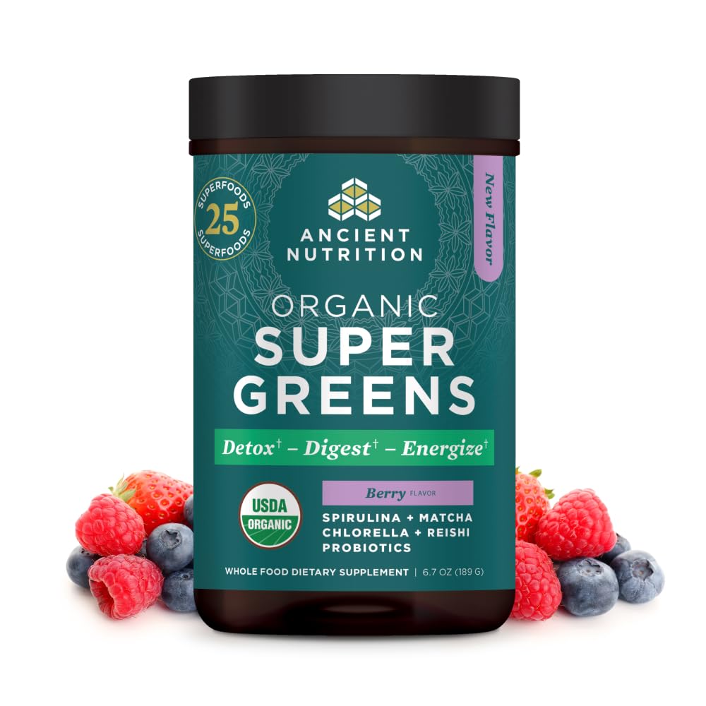 Ancient Nutrition SuperGreens Powder with Probiotics, Organic Berry Flavor Greens, Made from Real Fruits, Vegetables and Herbs, Digestive and Energy Support, 25 Servings, 6.7oz
